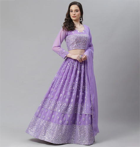 Violet Thread Work Semi-Stitched Lehenga & Blouse With Dupatta